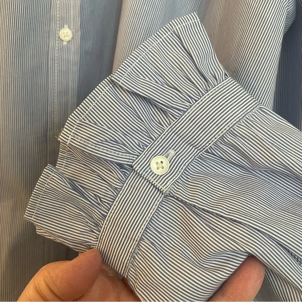 J. Crew Women's Blue and White Stripe Ruffle Button Down Shirt - Picture 8 of 9